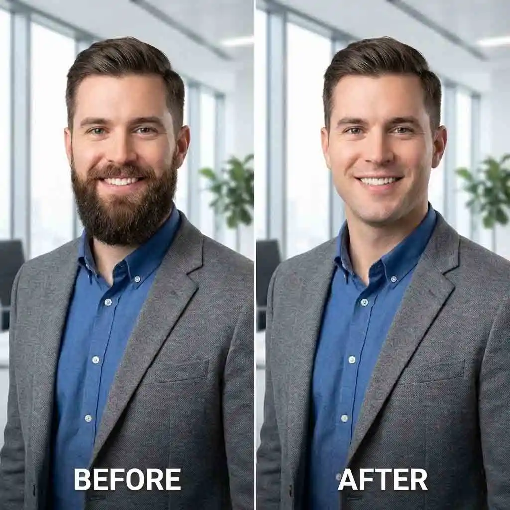 Enhance your professional profile on LinkedIn with our ai beard remover, giving you a sharp, clean-shaven headshot that makes a great first impression while keeping your original facial features and expression completely intact.