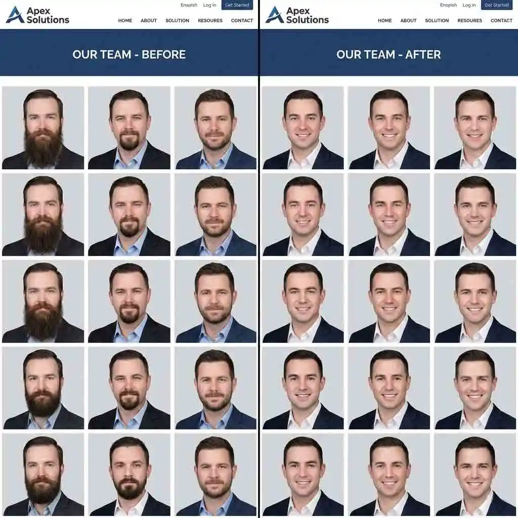 Achieve a uniform look for your company website by using ai beard remover on team headshots, ensuring brand consistency across all portraits regardless of when they were taken or the original lighting conditions.