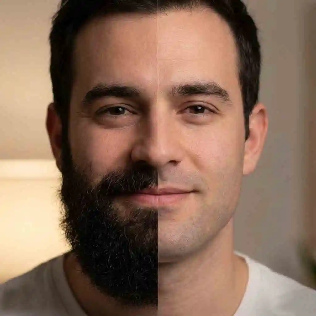 Visualize how you look without a beard using our advanced beard remover app that uses AI technology to deliver realistic and natural clean-shaven results instantly for any face shape.