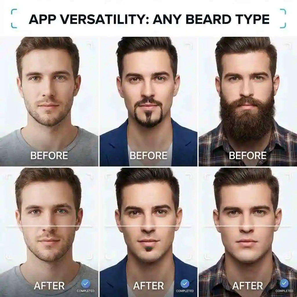 Our comprehensive beard remover app handles all types of facial hair from stubble to full beards ensuring a smooth and authentic skin texture without any hassle of shaving.