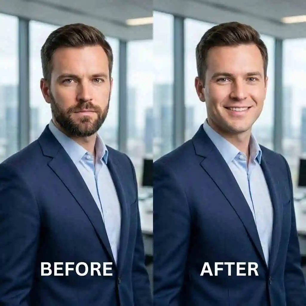 Create a professional profile picture for LinkedIn by using our beard remover app to generate a clean and sharp look that enhances your career prospects instantly.