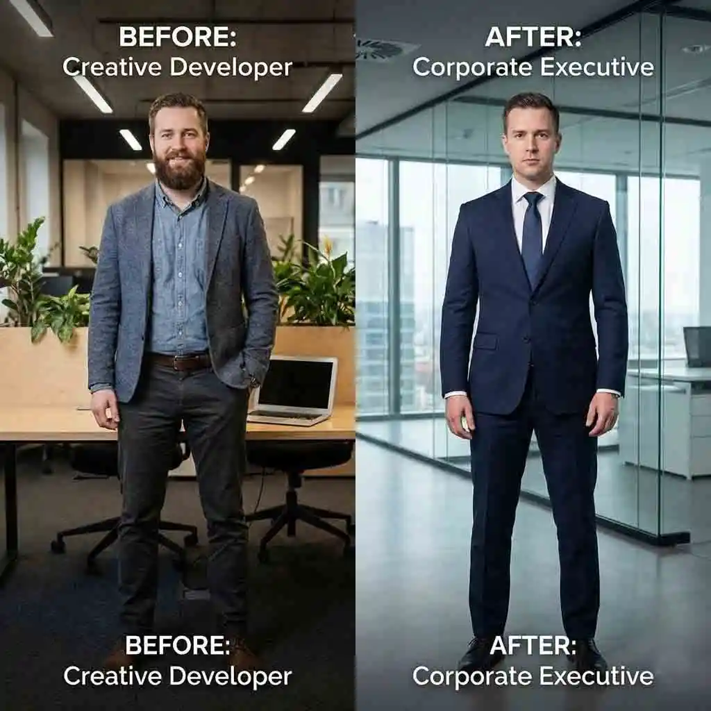 Testing a new professional look for corporate environments by seeing how to get no beard filter appearance in a formal setting before making a career change.