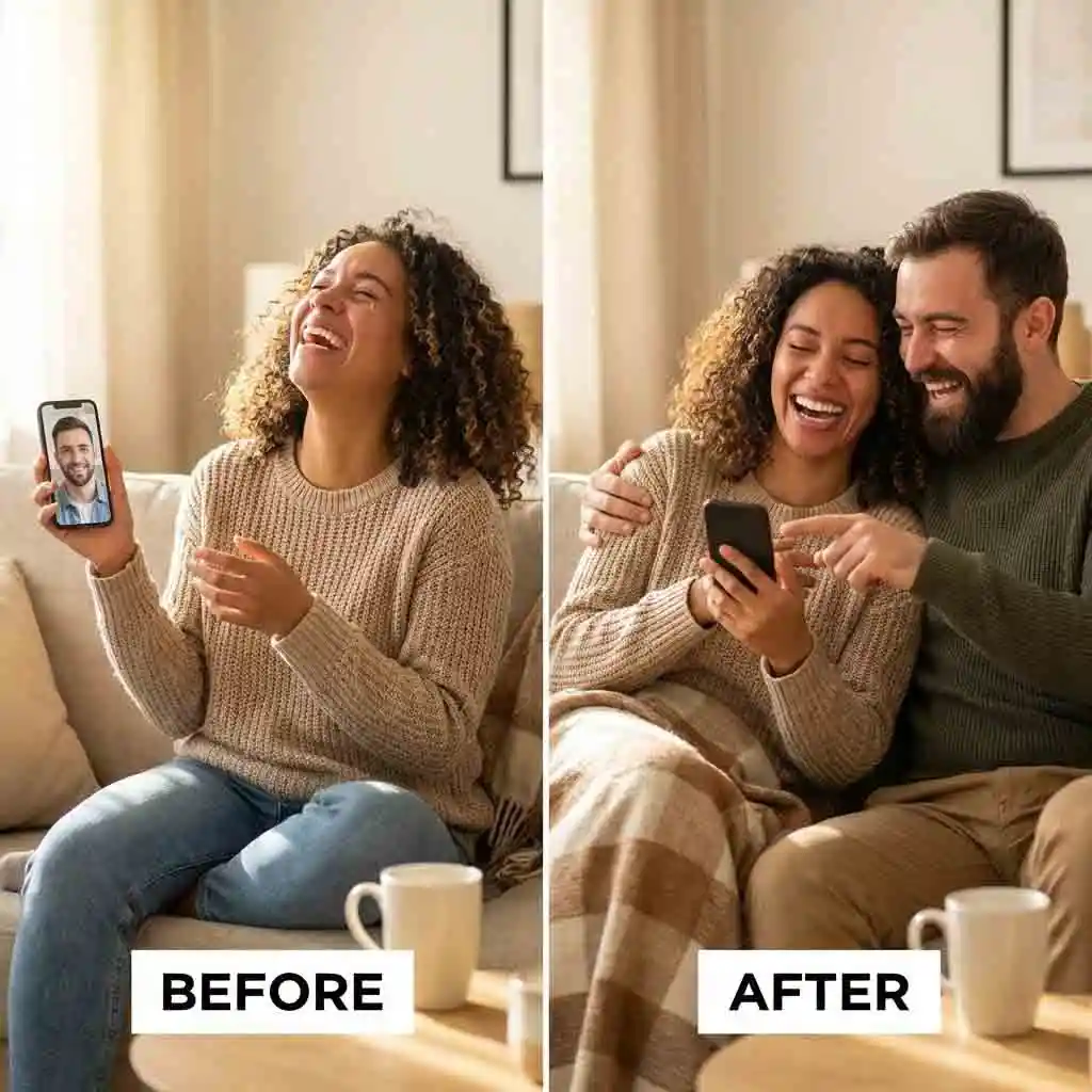 Making your partner laugh by sending a beardless photo showing how to get no beard filter results for a playful interaction and priceless reaction from your significant other.