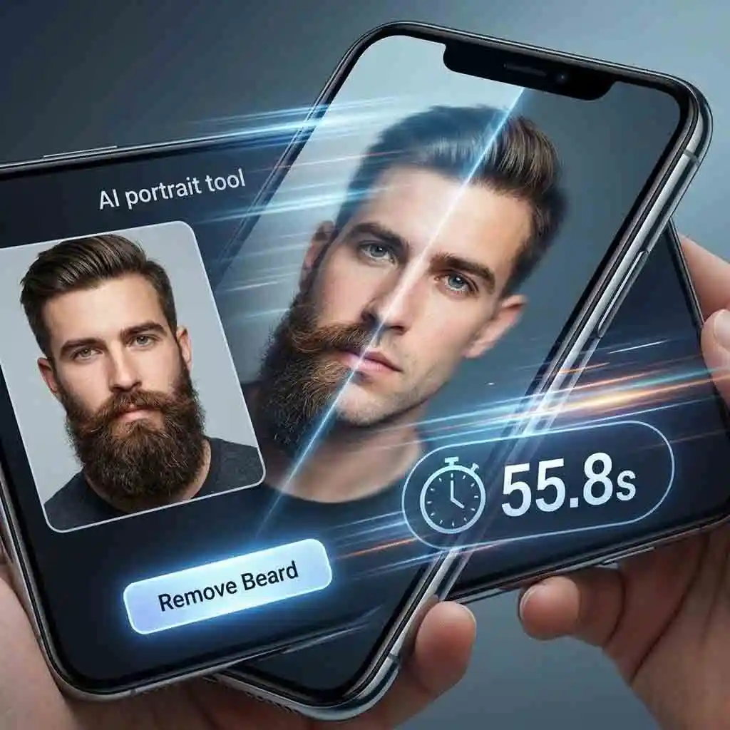 Illustration of fast processing speed showing how to get no beard filter results in under three seconds with immediate clean-shaven transformation for an efficient experience.