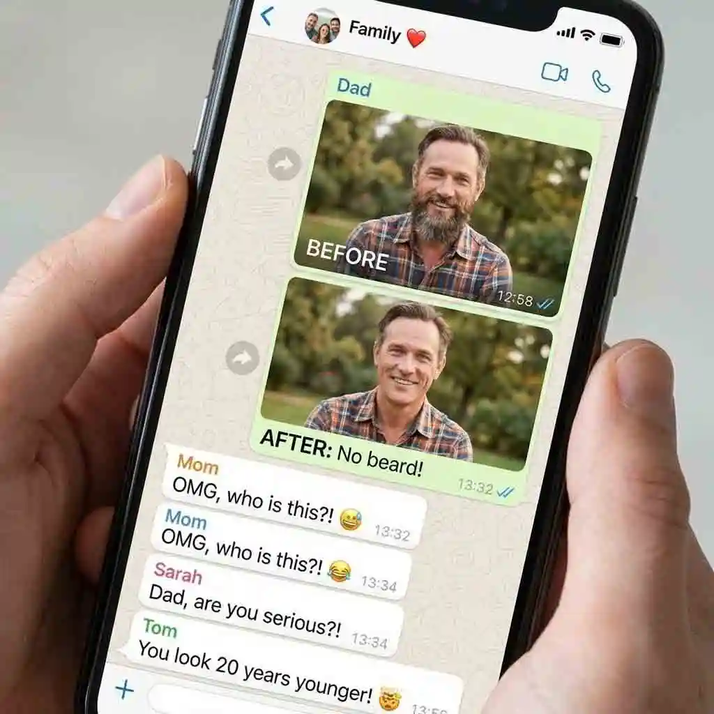 Surprising friends and family with a photo demonstrating how to get no beard filter results as a fun and harmless prank that elicits hilarious reactions from the group.