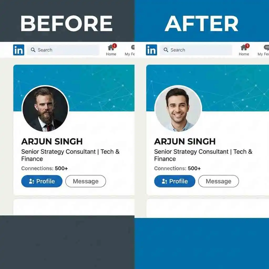 Refreshing a social media profile picture by using the tool to see how to get no beard filter for a professional and youthful clean-shaven look on Instagram or LinkedIn.