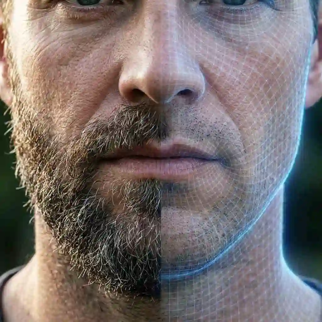 A side-by-side comparison showing a man with a beard and his clean-shaven look using our advanced no beard filter technology that creates a hyper-realistic and natural skin texture.