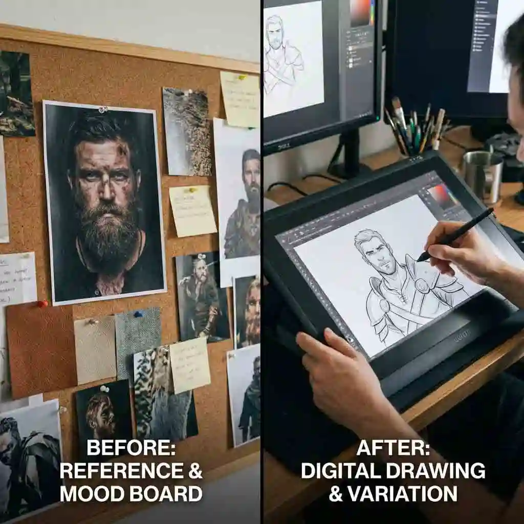 A digital artist using a tablet to design a character, utilizing the no beard filter result as a reference to accurately model the facial structure and jawline without a beard.