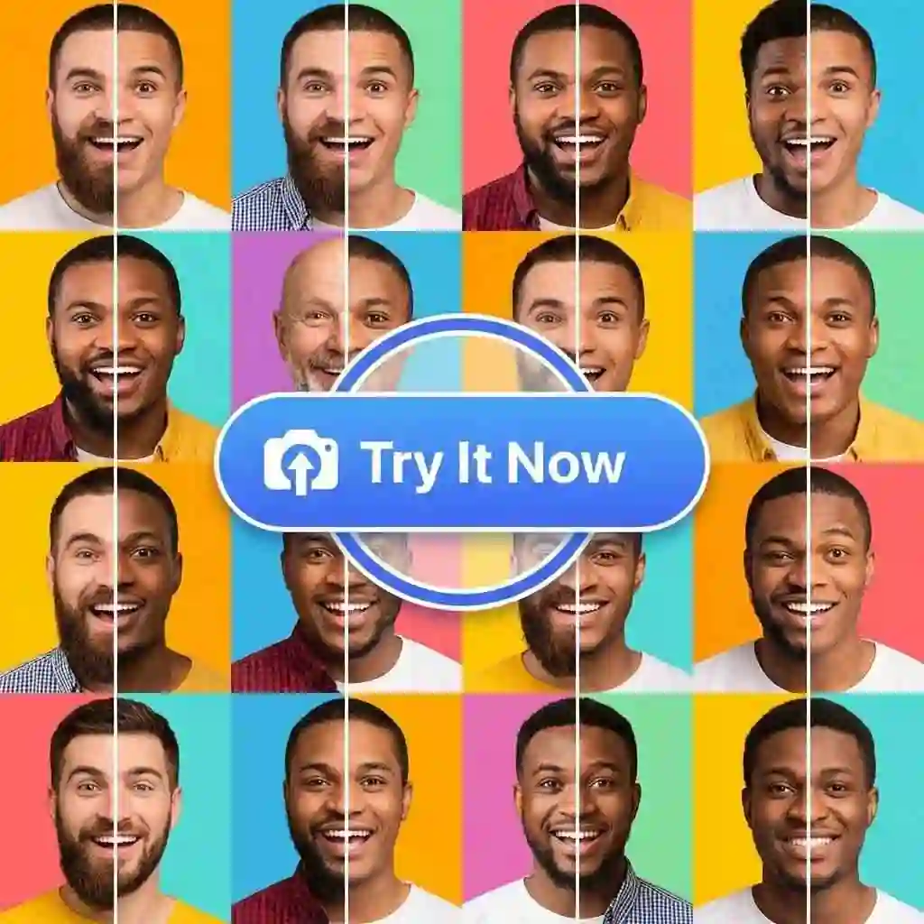A happy user engaging with the application interface, excited to try the no beard filter and reveal their hidden clean-shaven face with high realism and instant results.