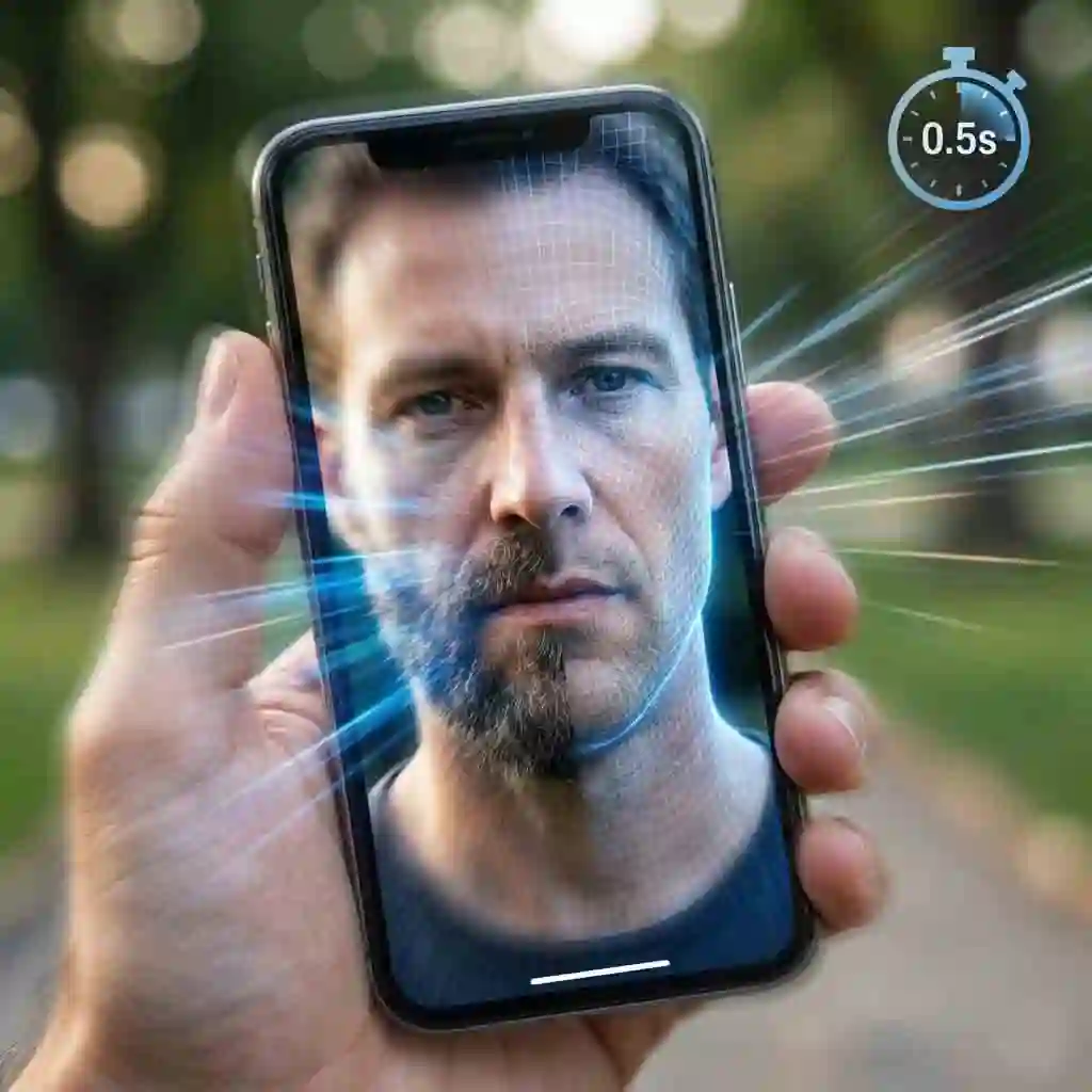 Demonstration of the instant processing speed of the no beard filter app, displaying a quick transformation from a bearded face to a smooth, beardless face in just seconds.