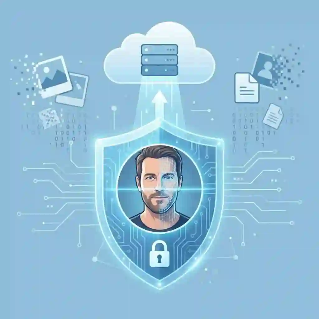 Visual representation of secure photo processing where a user's uploaded image is protected while using the no beard filter service, ensuring complete privacy and data deletion after use.