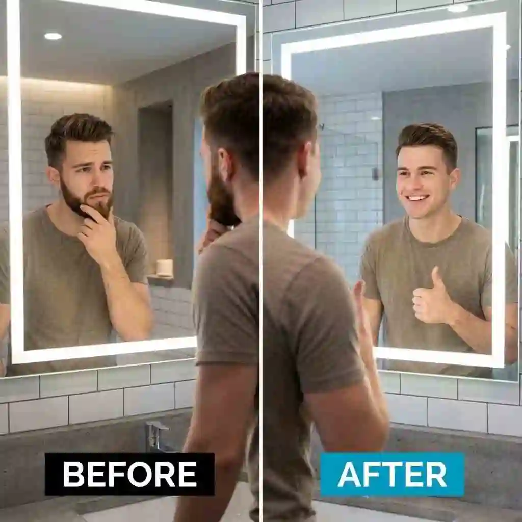 A person looking in a mirror comparing their current beard style with a digital preview from the no beard filter to decide if they should shave it off completely or keep it.