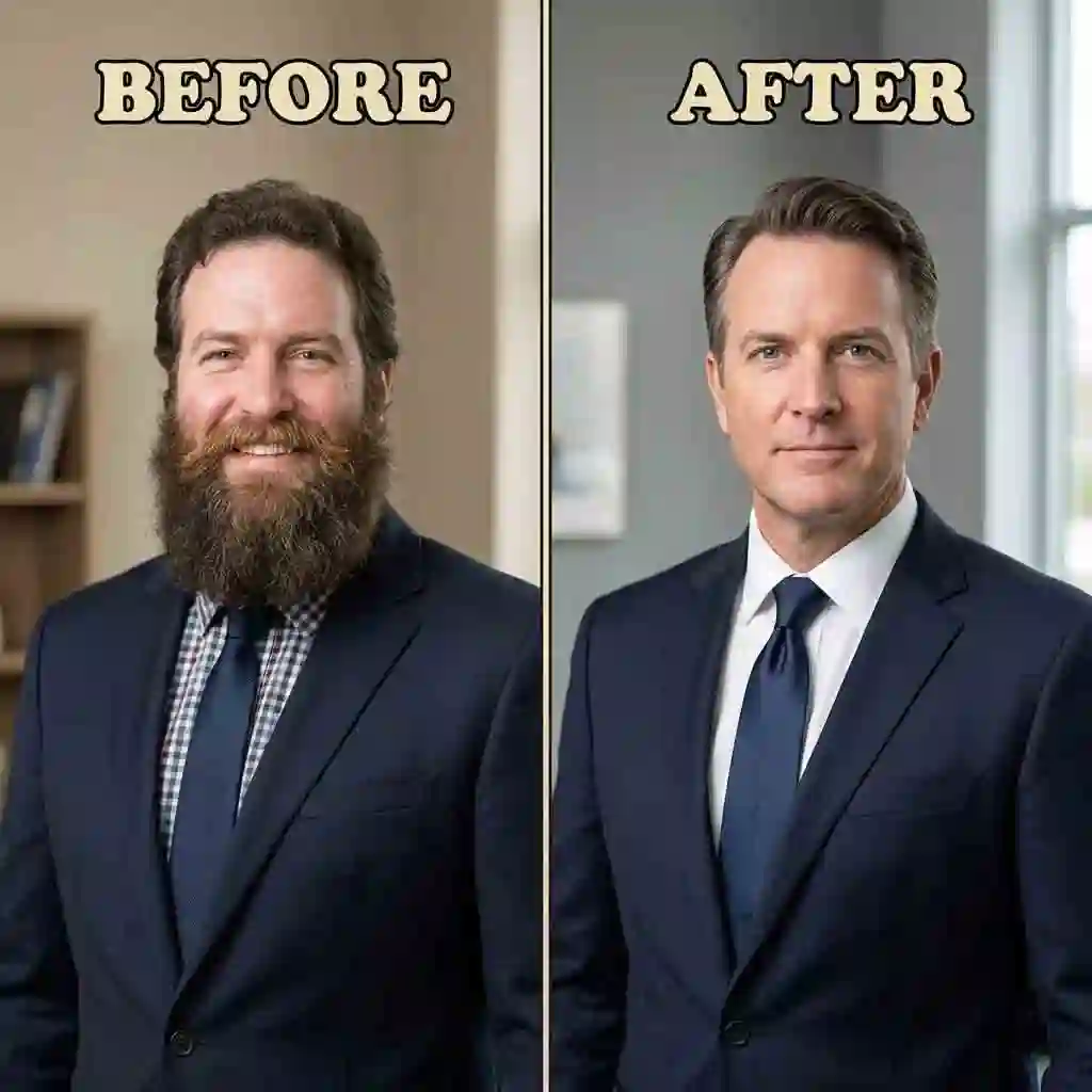 A professional headshot comparison showing a bearded man and his clean-shaven version created by the no beard filter, helping him choose the right look for a corporate job interview.
