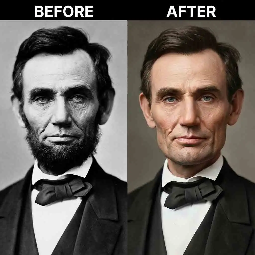 An artistic rendering of a famous historical figure like Abraham Lincoln without his iconic beard, created using the no beard filter to reimagine classic portraits for educational and entertainment purposes.