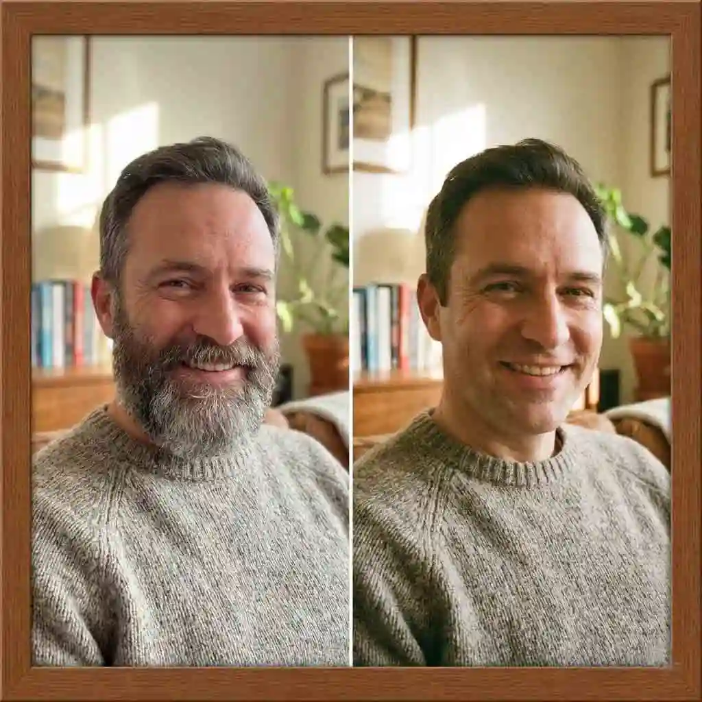 Visualize a younger version of yourself instantly as you remove beard from photo online free with our AI, providing an emotional boost and a fun way to compare your current look with a youthful appearance.