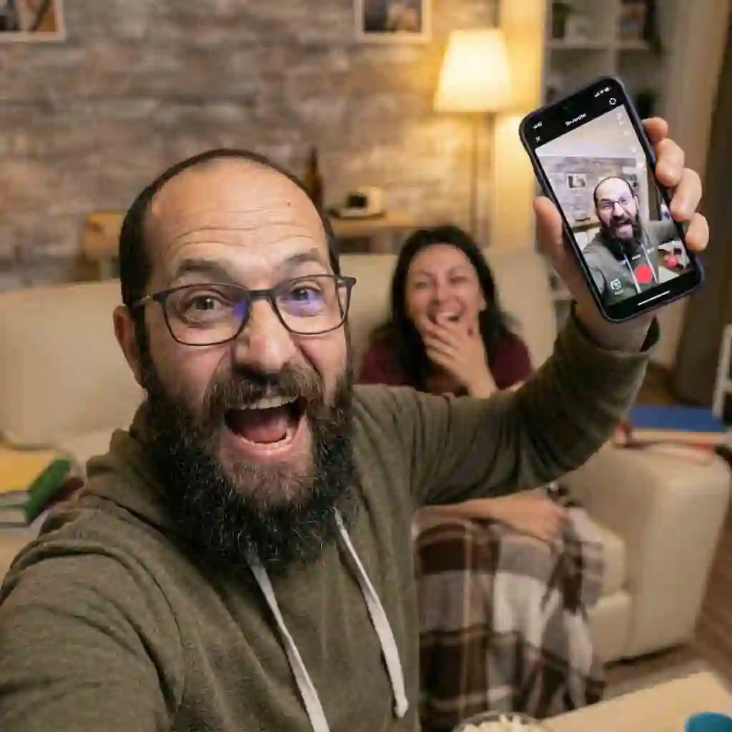 A man enthusiastically preparing to record a short video on his phone to share the beardless filter effect with family, highlighting the social, viral nature of clean‑shaven transformations and community reactions.