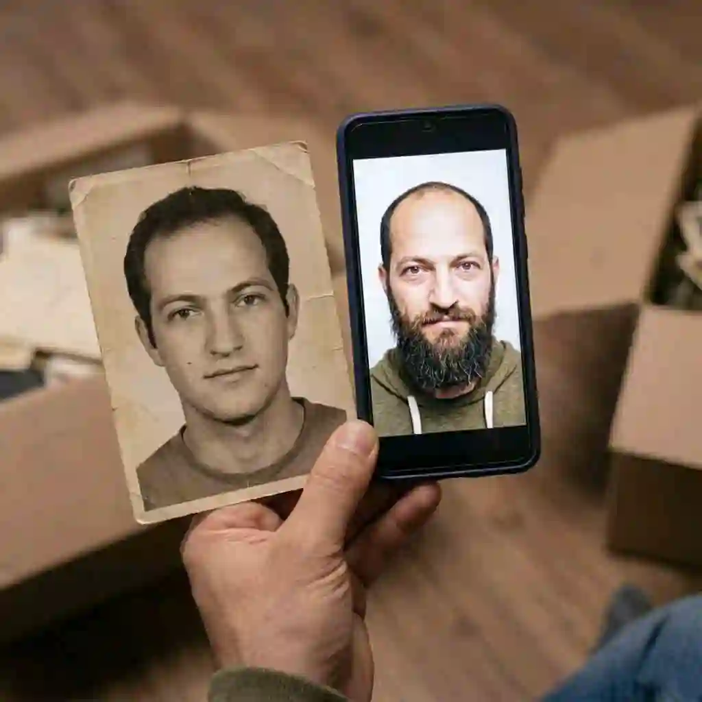 A side‑by‑side comparison of a physical graduation photo and the live phone screen using the beardless filter effect, demonstrating high resemblance and credible clean‑shaven reconstruction for evaluation and discussion.