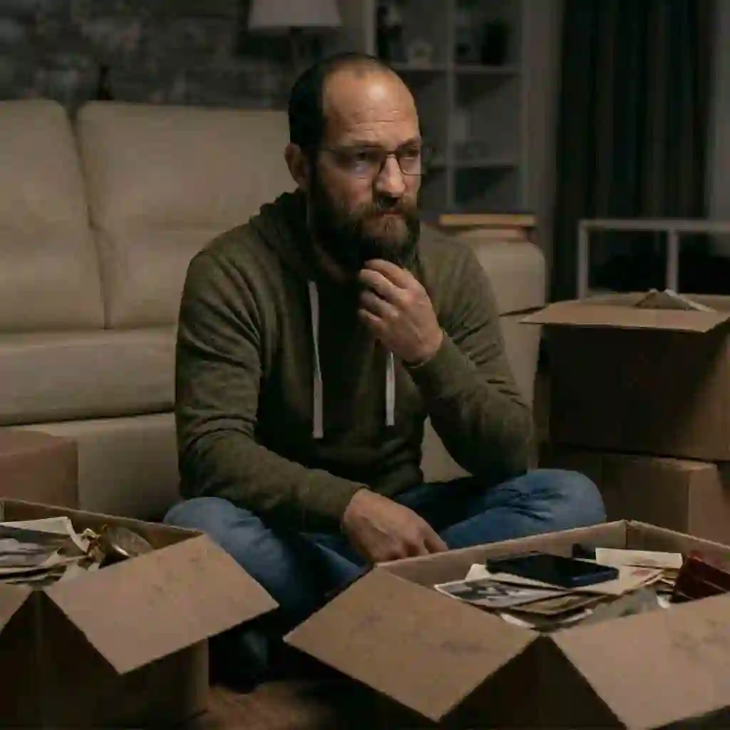 A thoughtful scene of a man touching his beard and reflecting on identity, prompted by the beardless filter effect, showing how appearance changes can inspire deeper conversations about self‑perception and personal image.