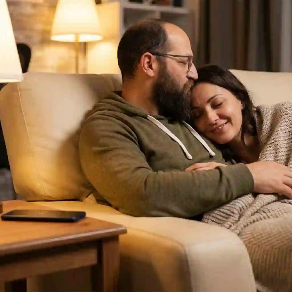 A couple smiling warmly at each other to conclude the evening, celebrating the joy and connection sparked by the beardless filter effect and the comforting realization that genuine reality still feels best.