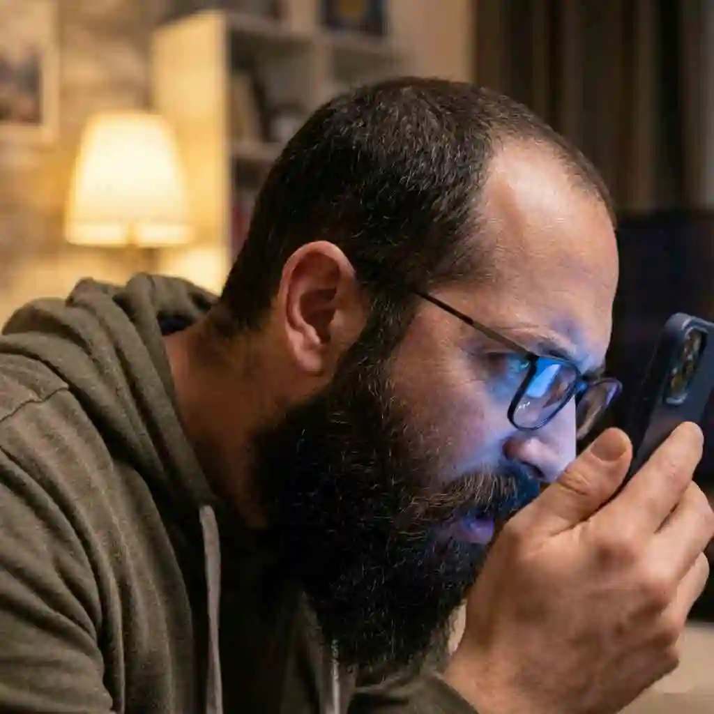 A close-up of a man inspecting the phone screen intently, searching for flaws while the beardless filter effect removes facial hair in real time, showcasing realistic tracking and convincing transformation under scrutiny.