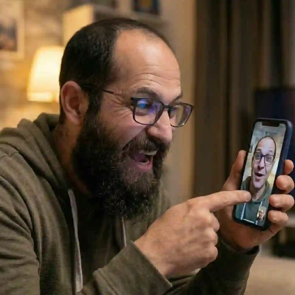 A playful scene of a man talking to his on‑screen 'beardless twin' version, created by the beardless filter effect, demonstrating realistic rendering that inspires humorous role‑play and imaginative interactions with the transformed image.