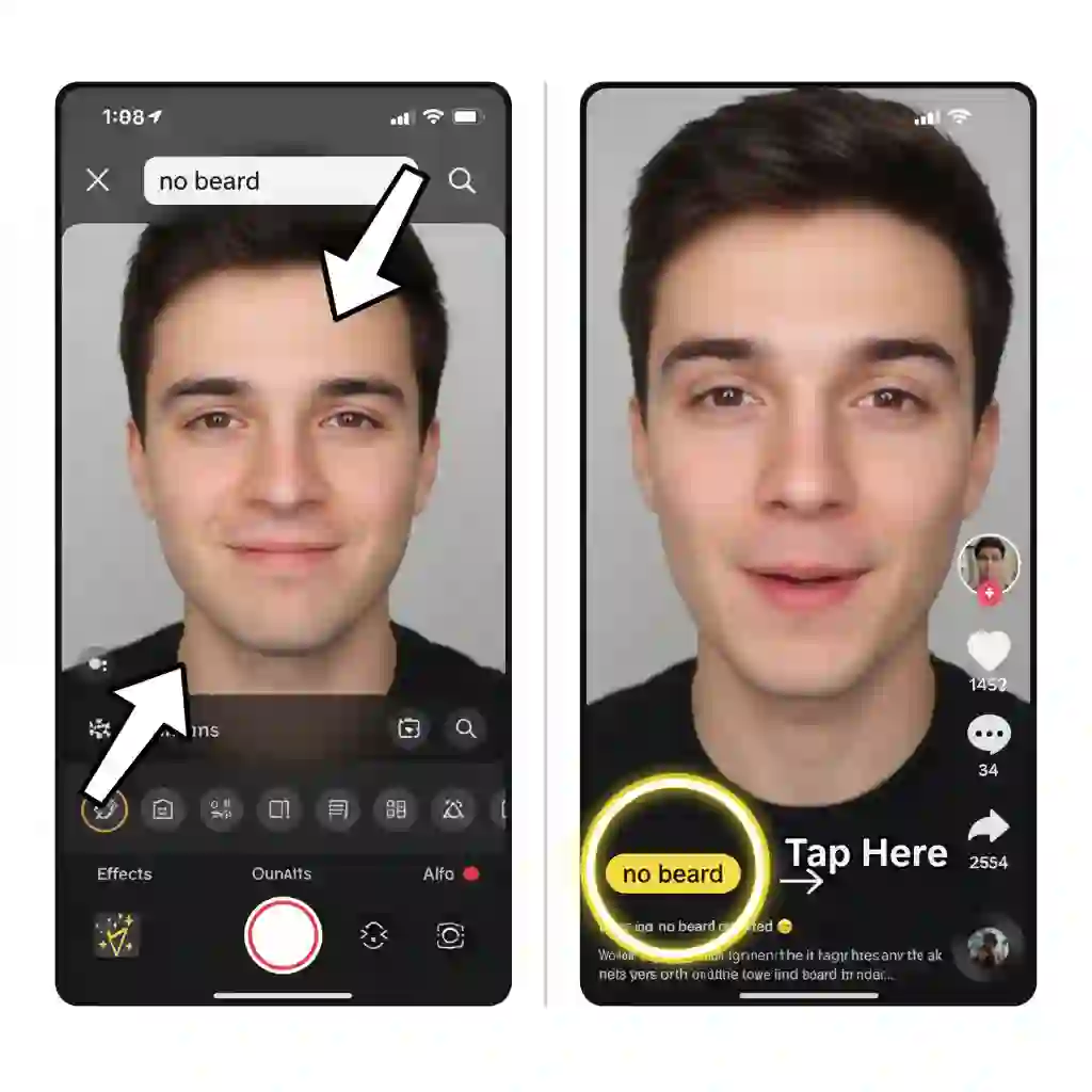TikTok interface highlighting the Effects search where users find the beardless filter tiktok, enabling immediate use or favoriting of the clean shave filter for rapid content creation.