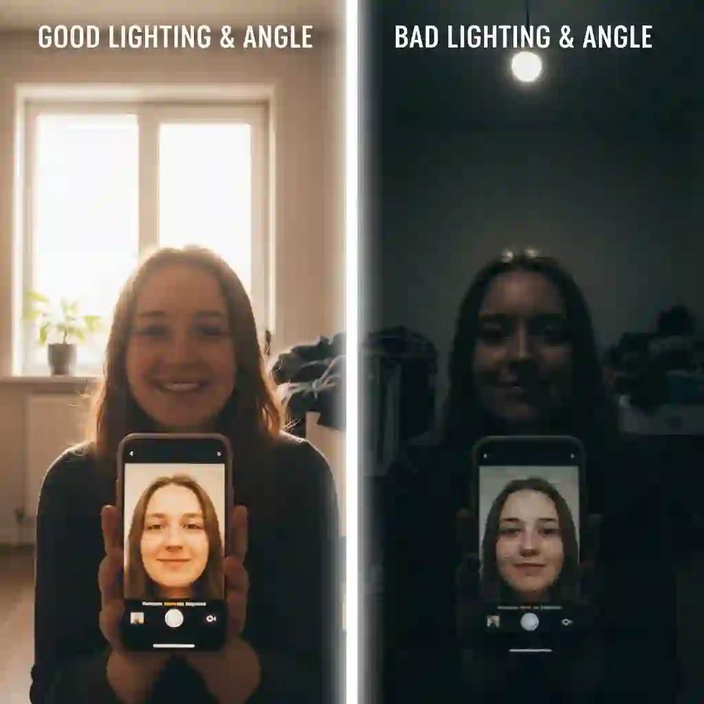 Lighting comparison demonstrating how proper illumination improves the beardless filter tiktok beard removal accuracy, with clear angles and unobstructed facial mapping for higher quality, shareable results.