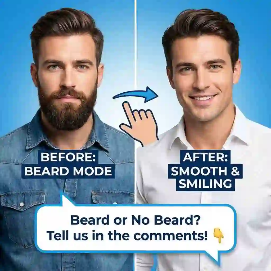 Before-and-after comparison illustrating the beardless filter tiktok effect, with instant beard removal and smooth transition that invites comments, preferences, and viral engagement from audiences.
