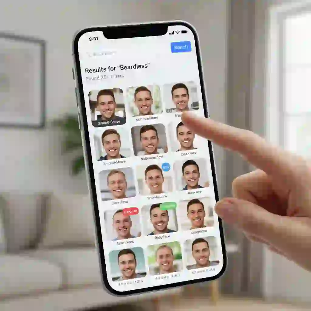 Shows platform selection tips that simplify how to do the beardless filter, guiding users toward the original lens source and creator pages instead of ineffective copycat effects and misleading search results.