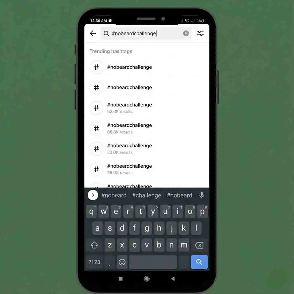 Search results showing #nobeardchallenge as a reliable path for how to find the beardless filter on tiktok, surfacing videos that link directly to the authentic effect page.