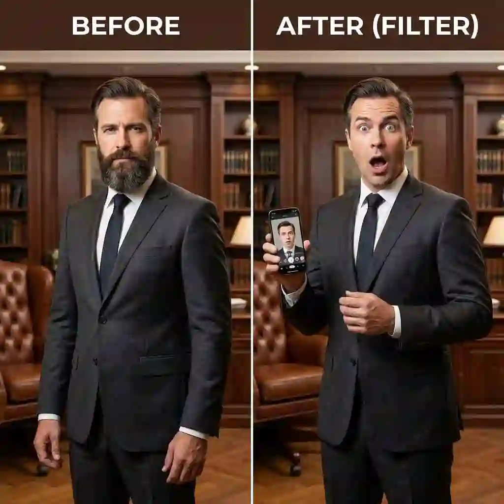 High-contrast transformation idea showing a formal look switching to clean shaven, inspired by mastering how to find the beardless filter on tiktok and shock viewers quickly.
