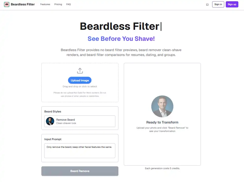 Introducing the Beardless Filter AI photo tool as an alternative when how to find the beardless filter on tiktok only solves video needs, offering precise beard removal for images.
