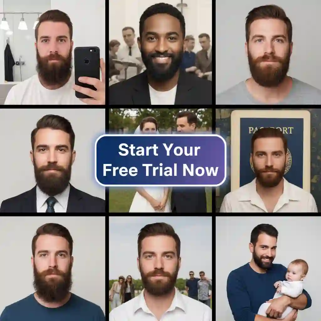 Call to action encouraging a free trial after mastering how to find the beardless filter on tiktok, so users can create realistic clean-shaven photos using AI.