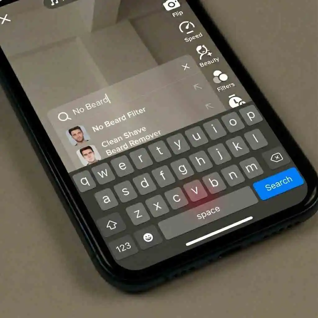 Step four in how to find the beardless filter on tiktok: type focused keywords like No Beard or Beardless instead of generic terms to discover the official clean shaven filter.
