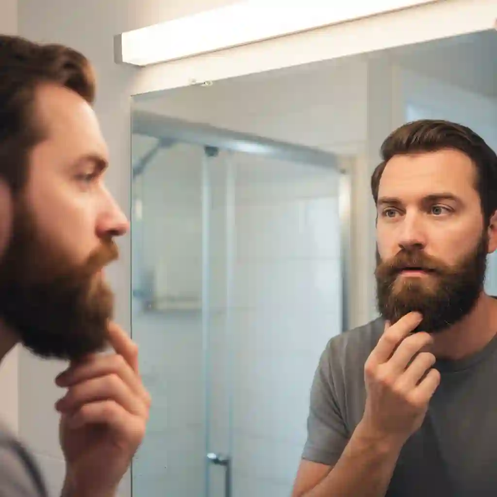 Man contemplating his look before and after using the no beard filter, visualizing a clean-shaven appearance and considering how the viral trend could influence grooming choices and personal style decisions.