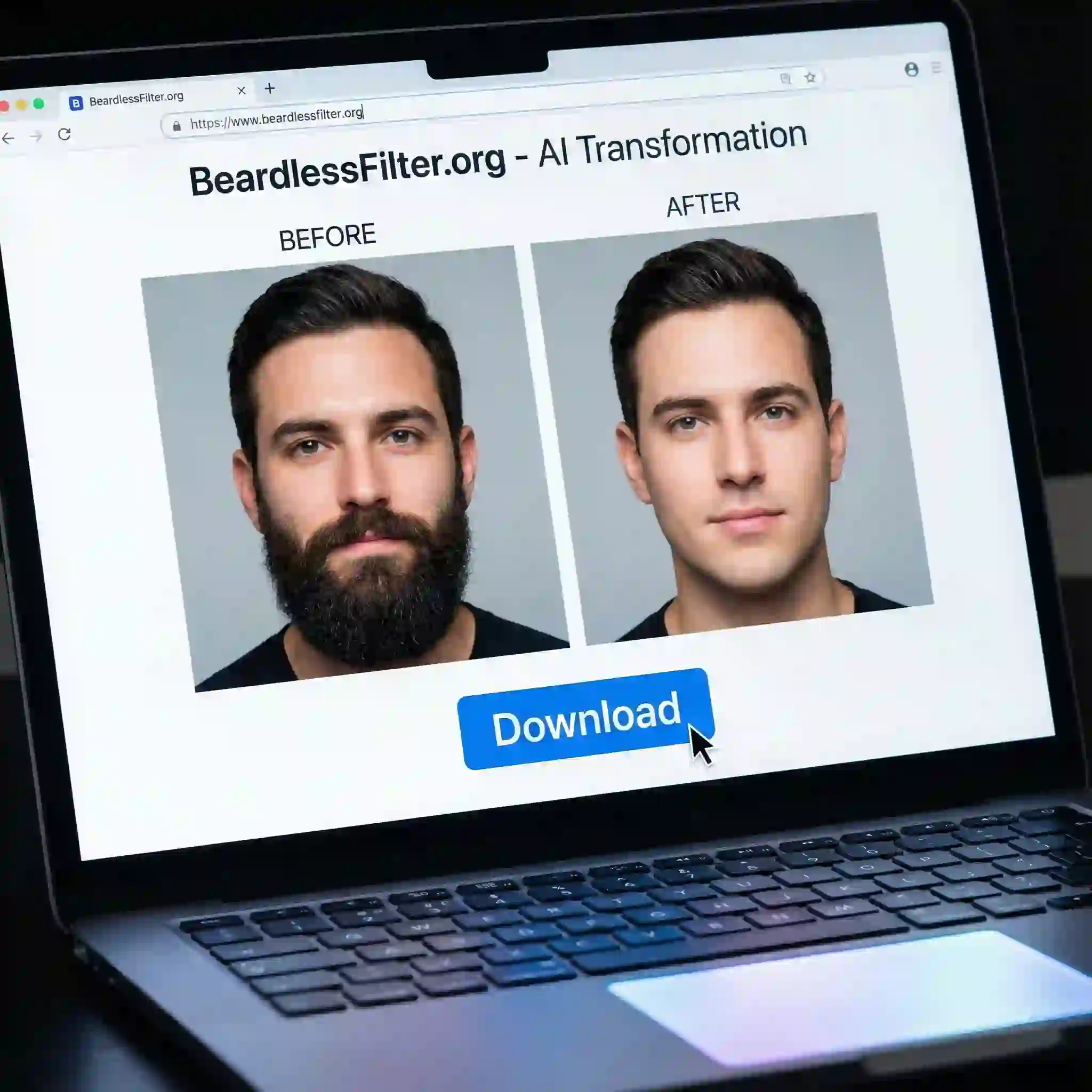 Professional online tool demonstrating a no beard filter style, producing high-definition clean-shaven results from uploaded photos without downloads, for users seeking consistent, realistic beard removal.