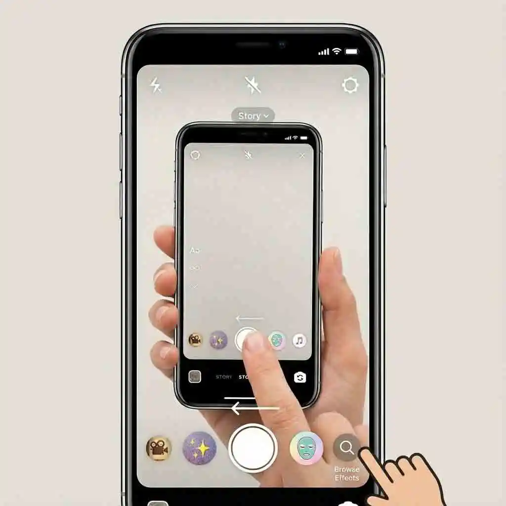 The Browse Effects icon highlighted to guide users into Instagram’s effects library, where searching creators and names finds the beardless filter instagram accurately within seconds.
