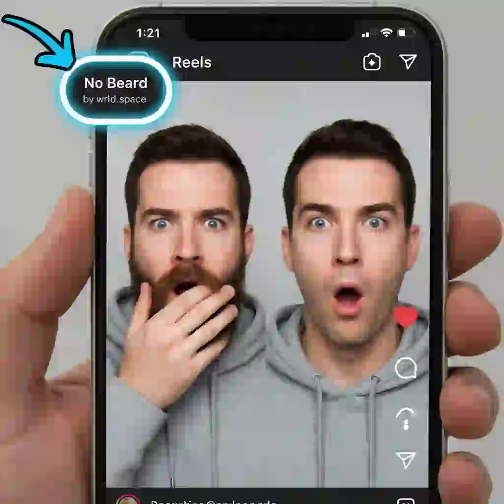 Demonstration of saving an effect from Reels by tapping the filter name, adding the beardless filter instagram to your library for fast access and repeat use during shoots.