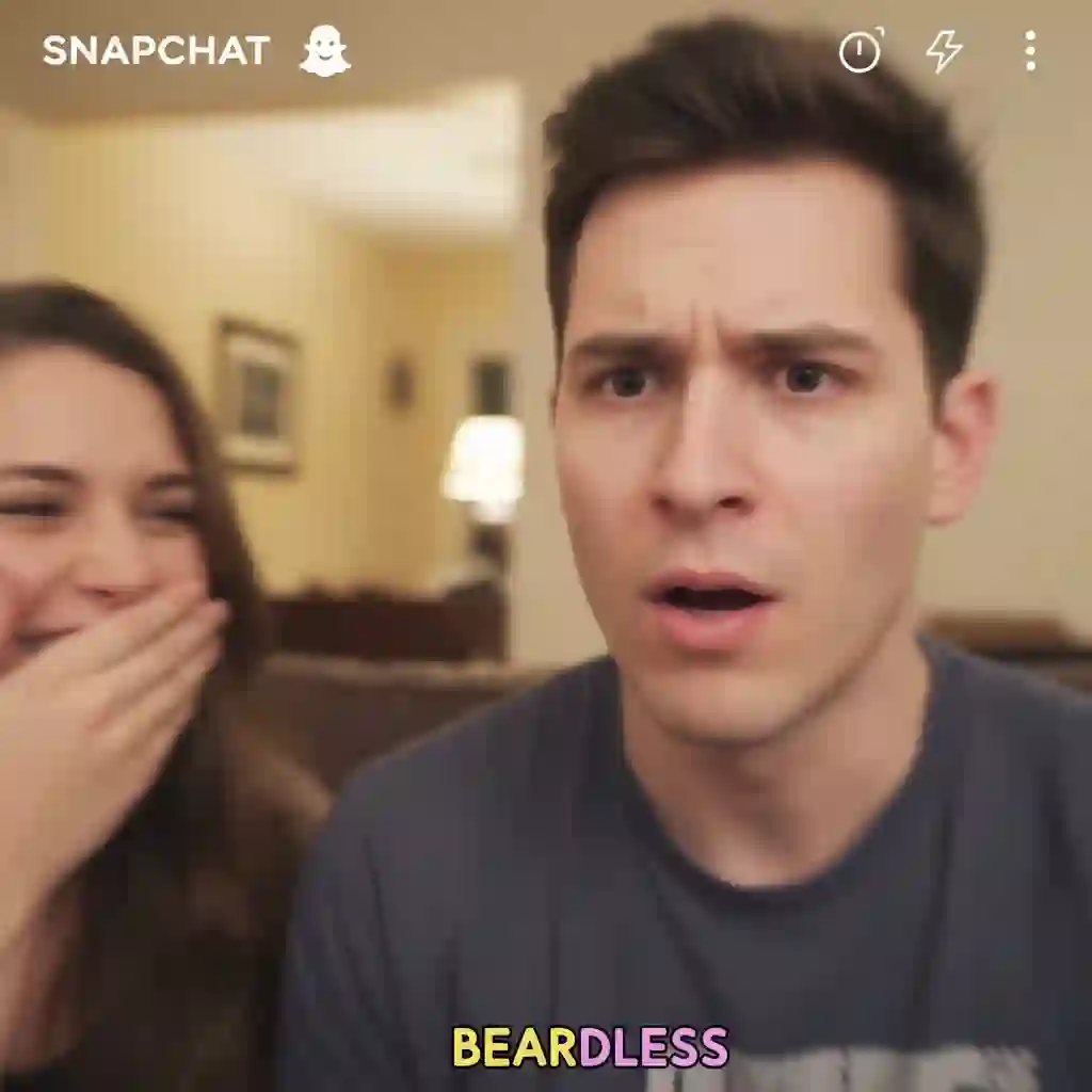 Act Two’s golden three-second reveal using the snapchat beardless filter, executed with a decisive camera turn that creates contrast and shock, driving immediate attention and share-worthy reactions.