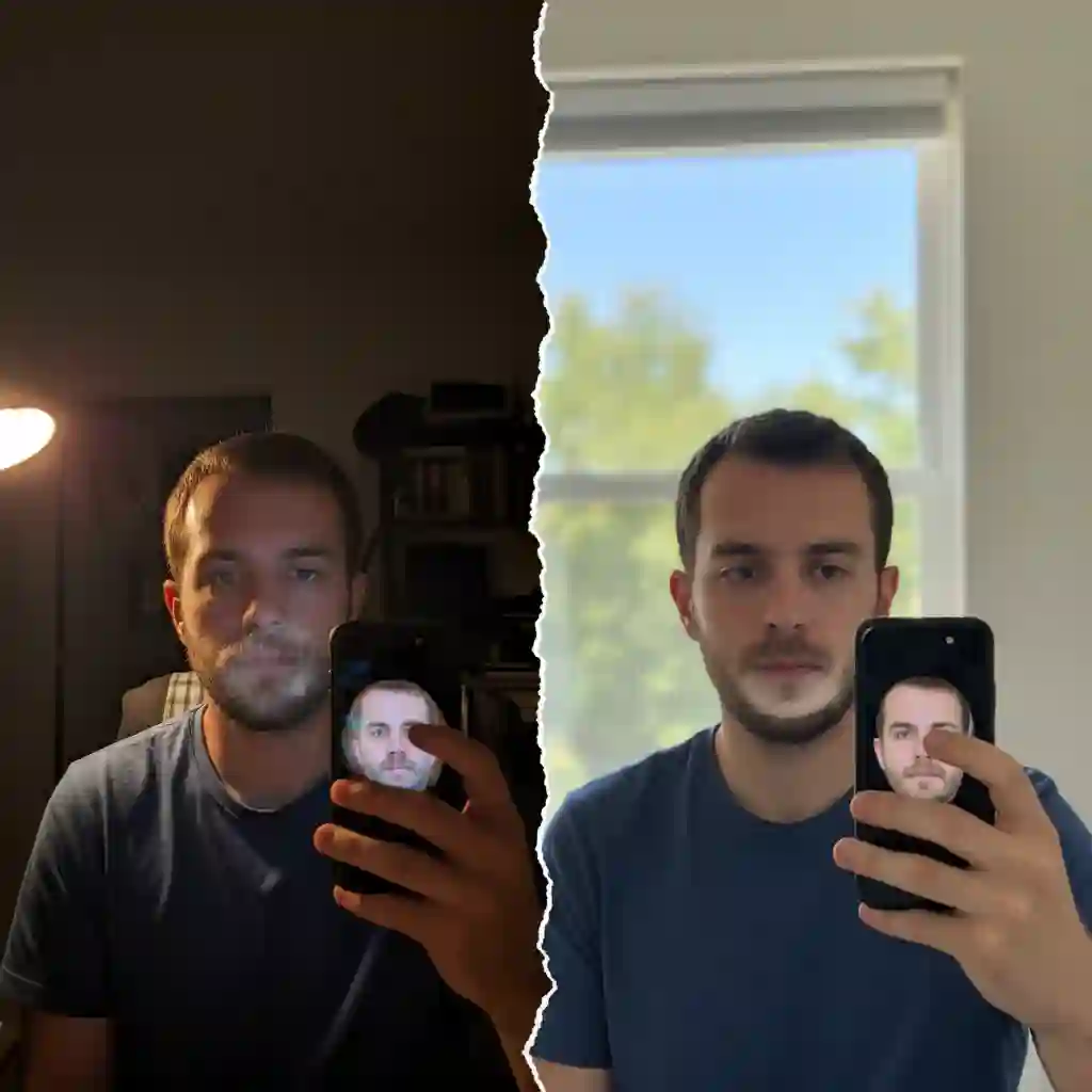 Example illustrating poor lighting and its impact on the beardless filter performance, emphasizing the need for bright, even illumination to achieve a sharp, natural clean-shaven effect.