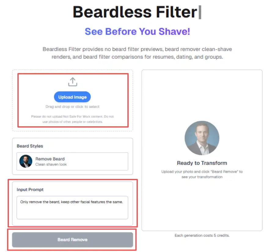 Before-and-after preview showing results produced by the beardless filter, illustrating accurate beard removal, natural skin textures, and realistic clean-shaven outcomes suitable for profiles and professional images.