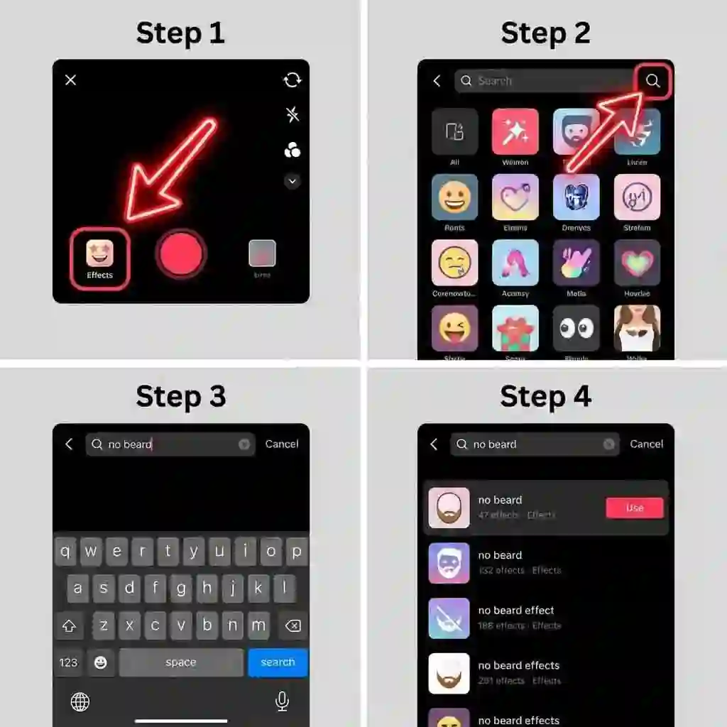 Instructional screenshot demonstrating how to search and access the beardless filter within TikTok effects, using keywords, tapping the effect tag, and saving to favorites for quick reuse.